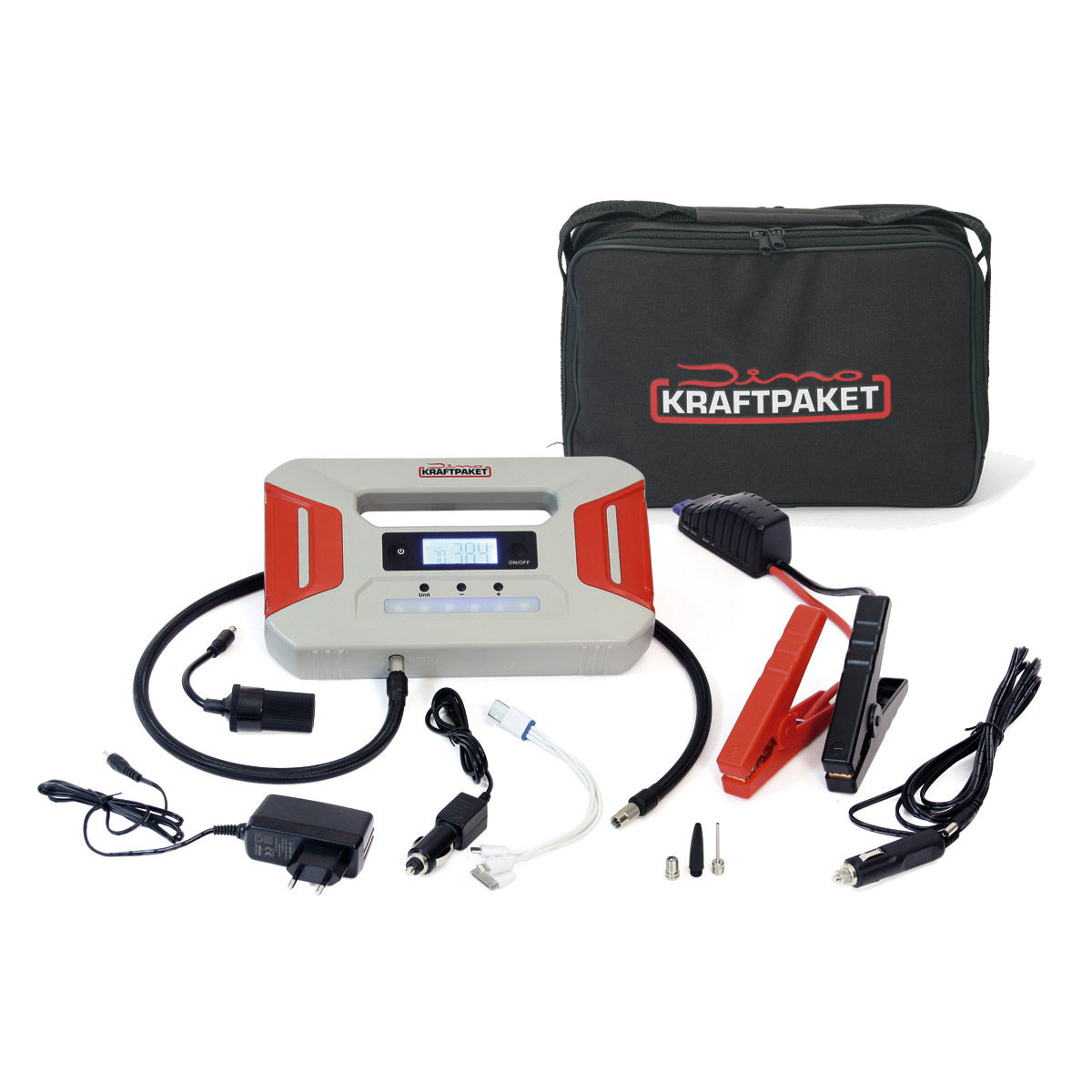 Dino Kraftpaket Batterie Starthilfegerät mit Powerbank 12V 600A und Kompressor